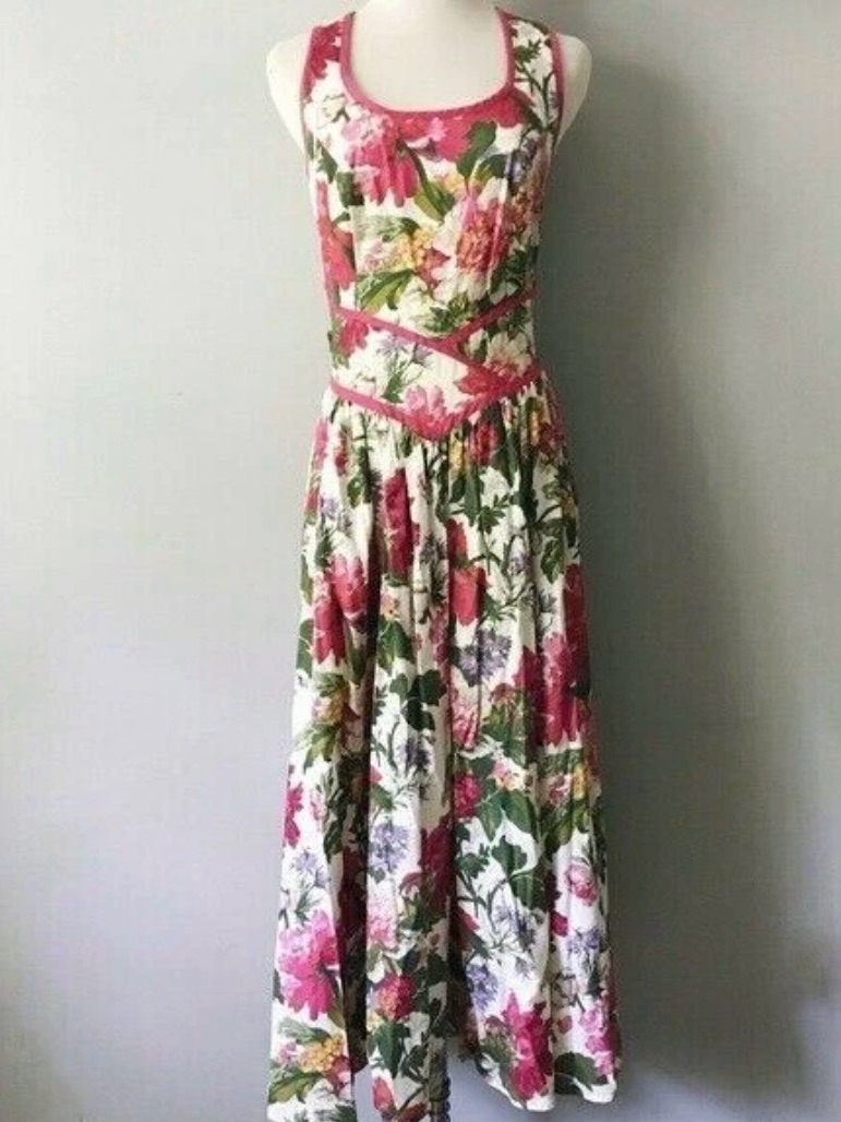 Vtg Et Al Floral Open Back Huge Bow Apron Dress Full Swing Sz 8